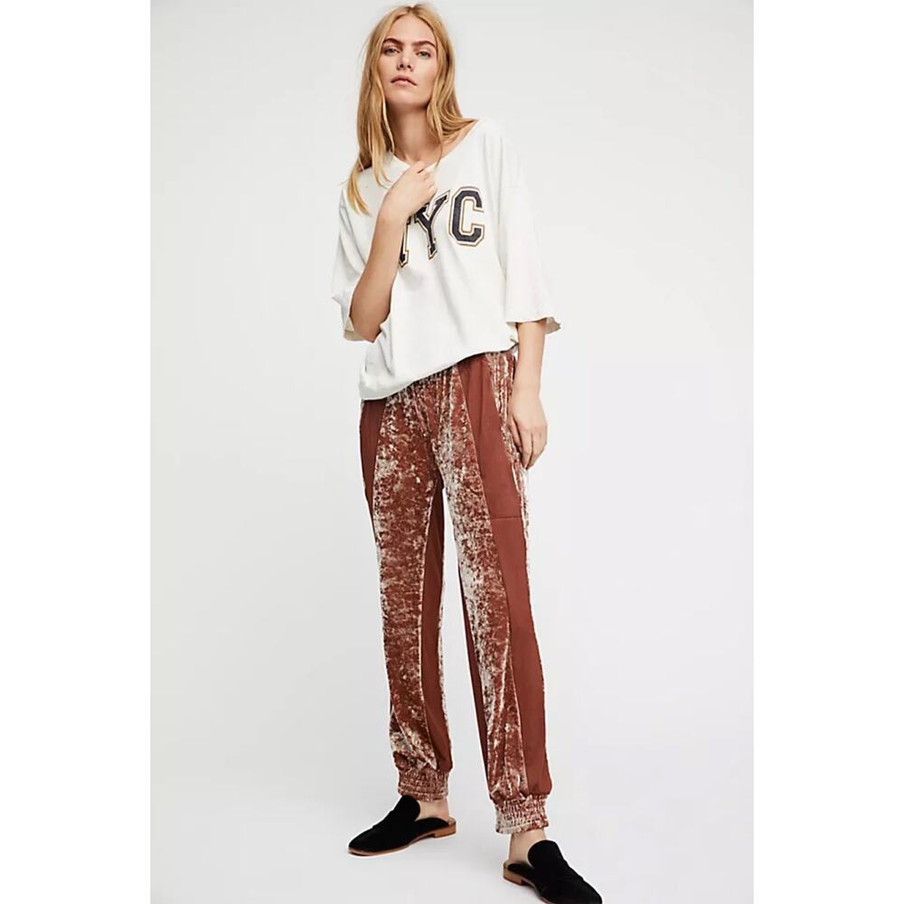 Free People x We‎ are HAH 1 Track Mind Crushed Velvet Jogger Pant Orange Medium